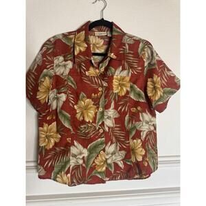 TRAVELSmith Shirt Womens Large Petite Linen Button Up Lightweight Travel Hawaii